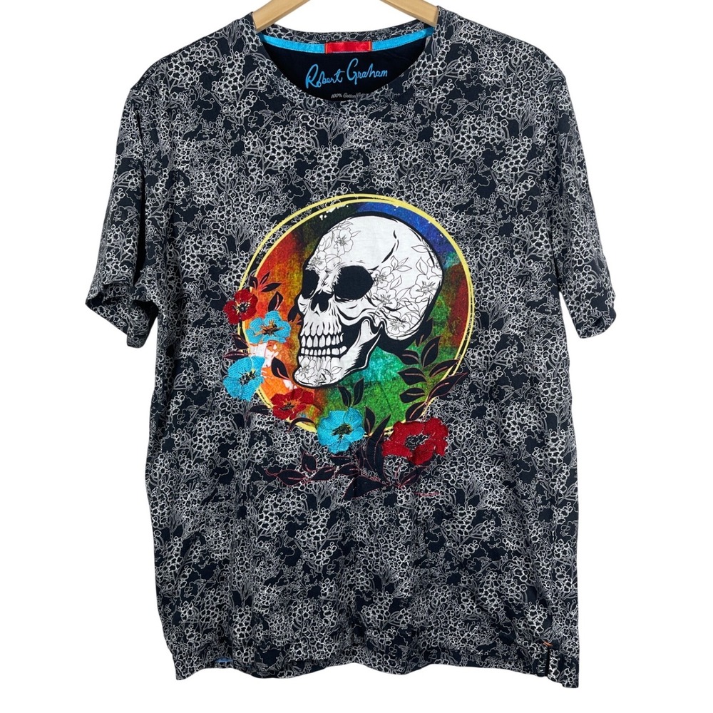 Robert Graham Mens Floral Sinful Skull  T-Shirt Black Size L Short Sleeve Cotton